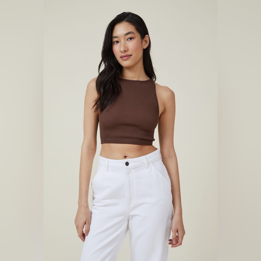 cotton on seamless benni high neck tank, brown ribbed crop tank top size xs/s